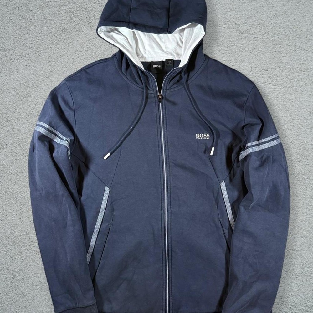 Hugo Boss Mens Zip Up Hoodie Navy Blue XL Sweatshirt Logo Stripe